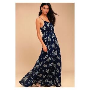 Lulu’s Memorable Night Navy Blue Floral Print Maxi Dress Sz.XS